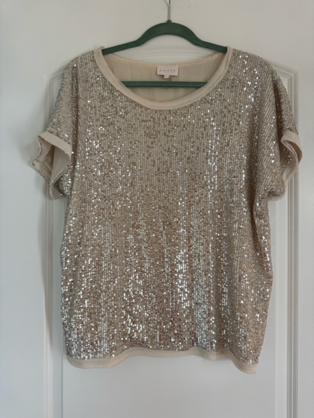 entro Champagne Sequin Short Sleeve Crewneck Top